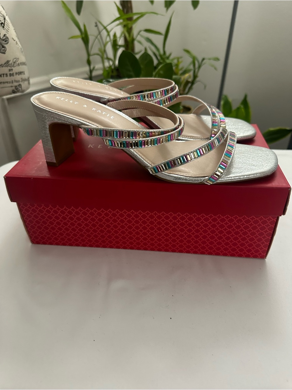 Kelly & Katie Cemile Silver Shimmer Sandal – Rainbow Rhinestone Block Heel Mule